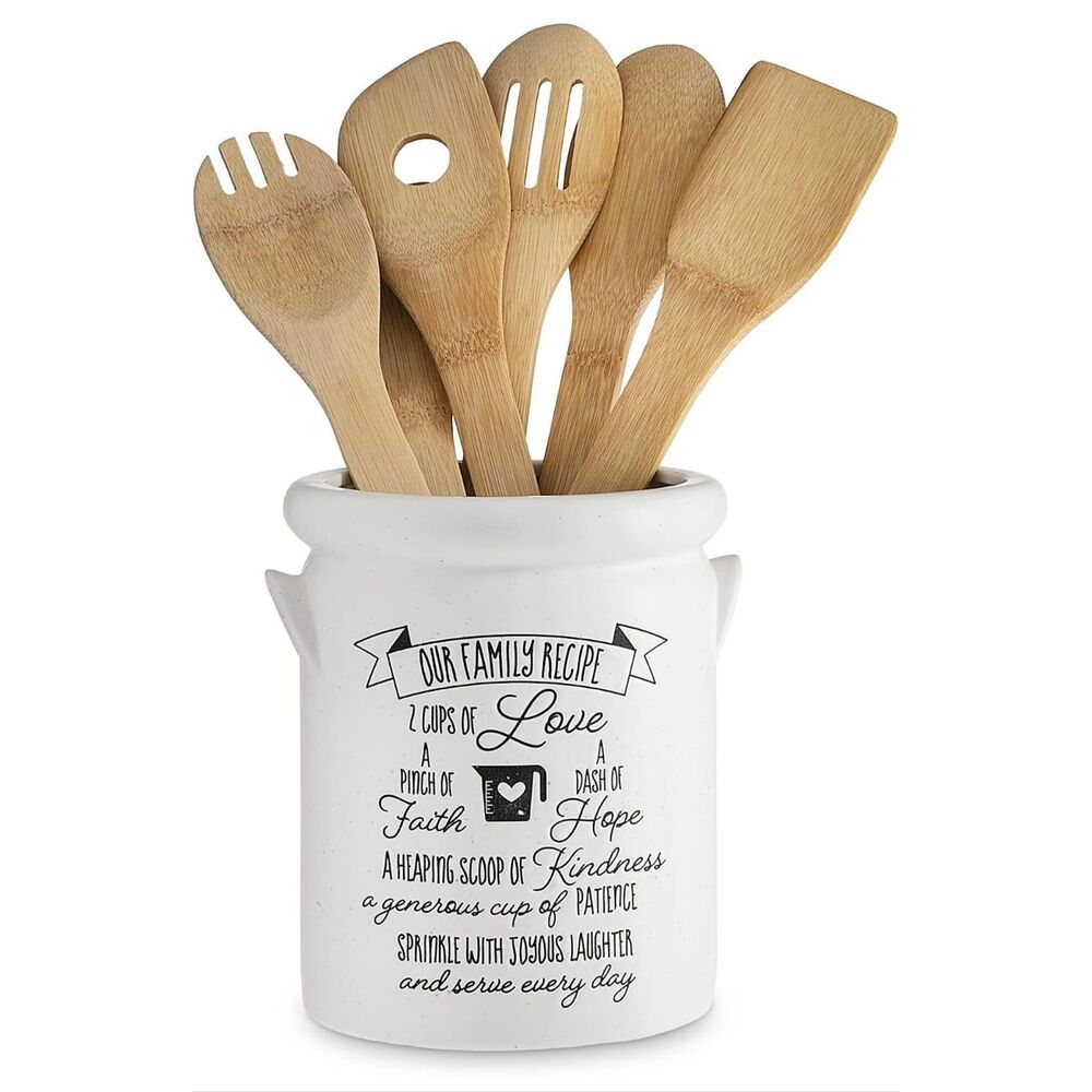 NWT “Our Family Recipe” Utensil White Speckled Ceramic Inspirational Container